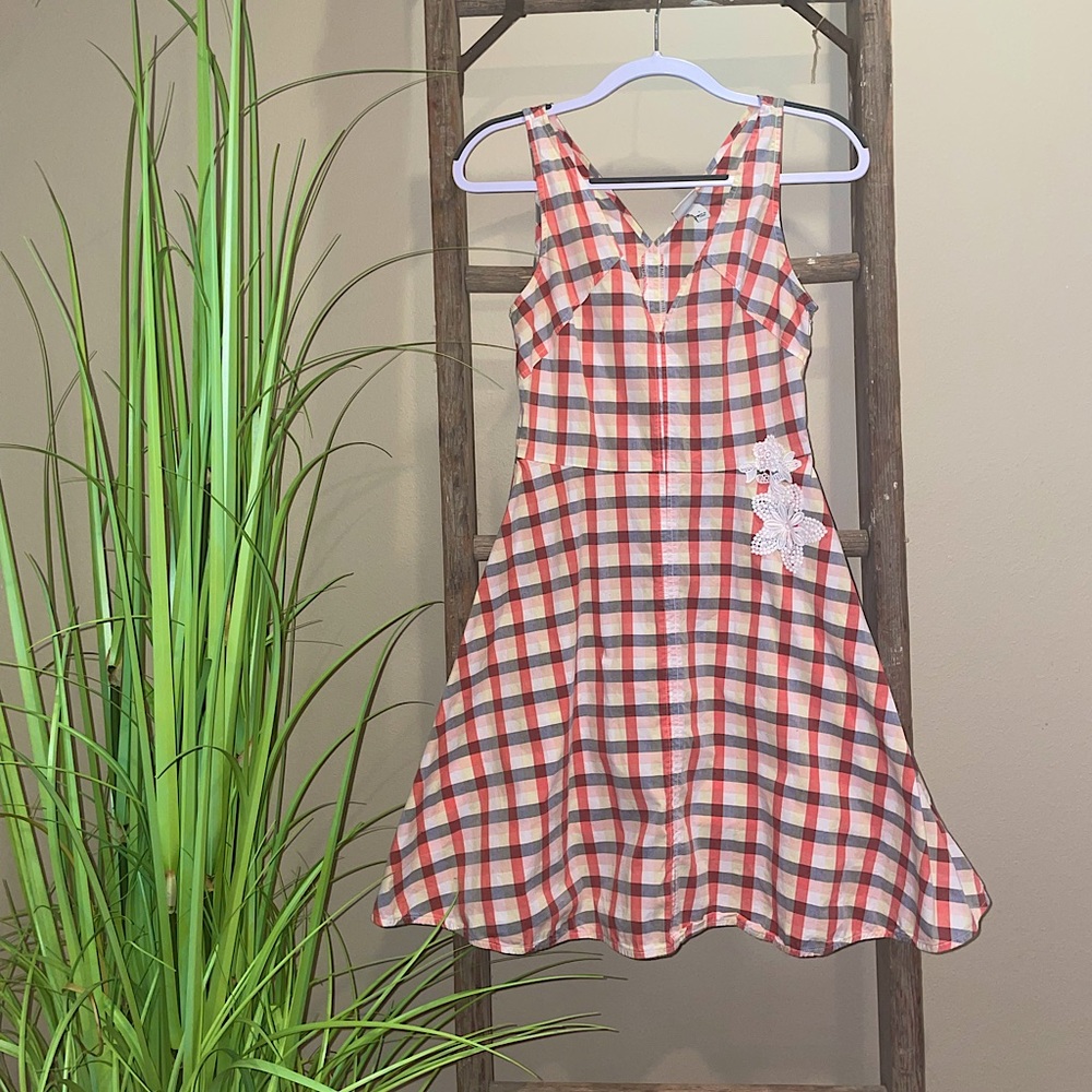 Checkered vintage dress with floral embroidered detail on side